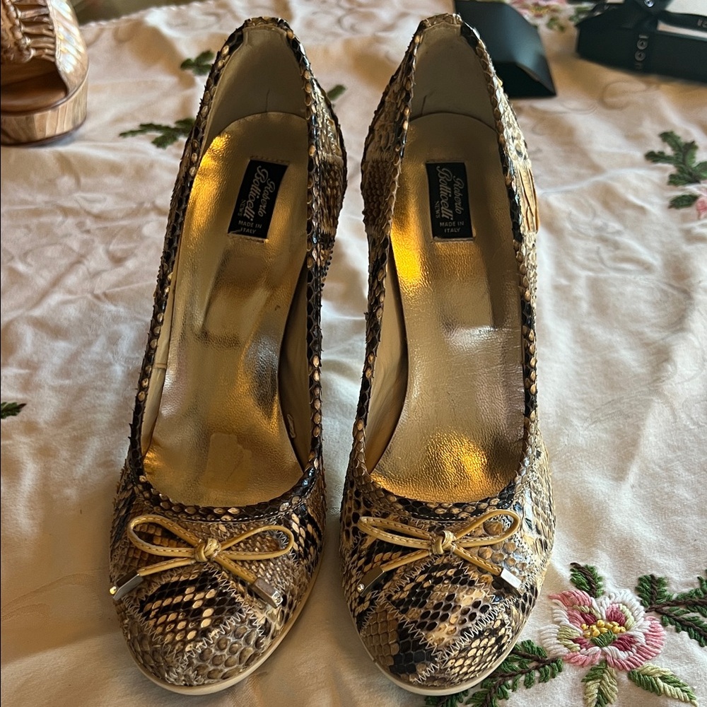 Roberto Botticelli Python Heels with Crystal Bow Tips